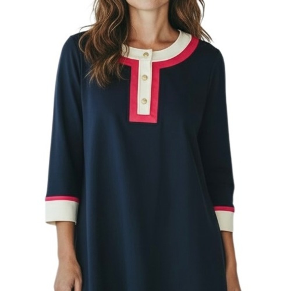 Talbots Womens Navy Blue Pink Ivory Trim 3/4 Sleeve Button Neck Cotton Top XLP
